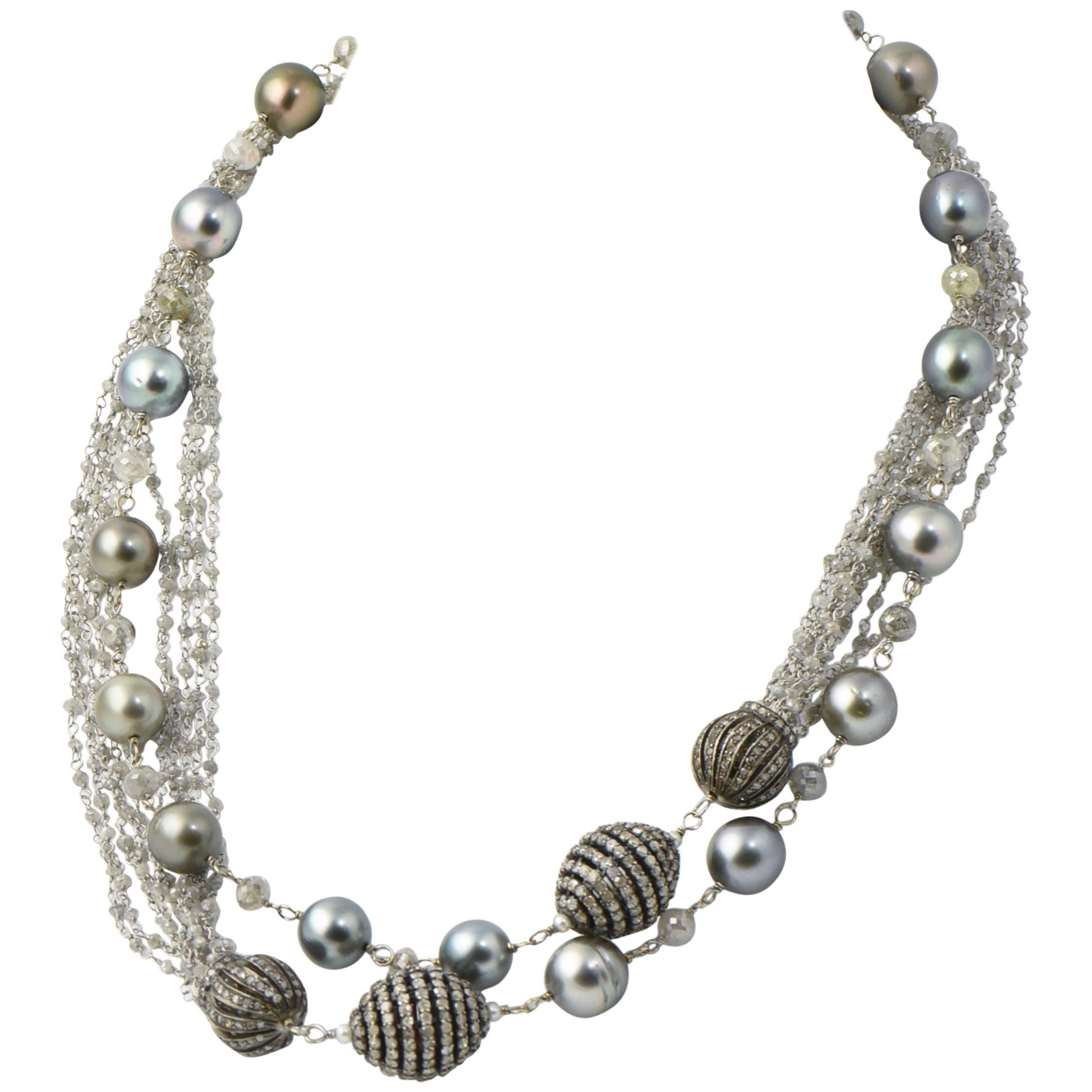 Custom Made 32" Long Gray Pearl and Diamond Bead Sterling Gold Necklace