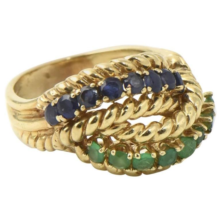 1960s Emerald Sapphire Twisted Rope Gold Ring at 1stDibs