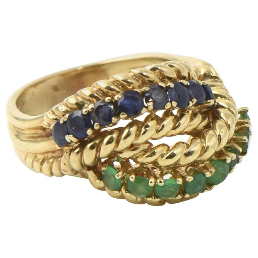 1960s Emerald Sapphire Twisted Rope Gold Ring