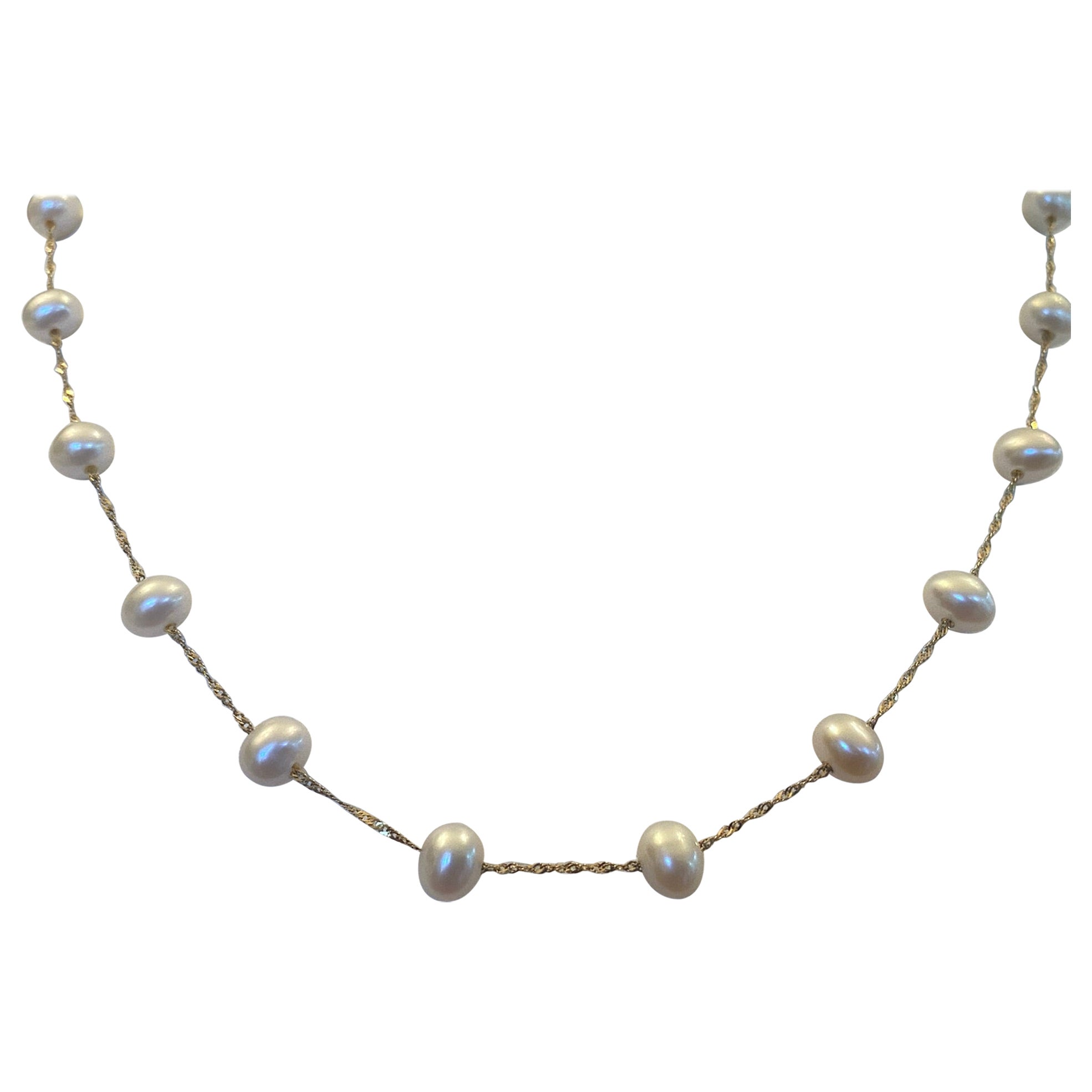 Freshwater White Pearl and 14kt Yellow Gold Necklace   For Sale