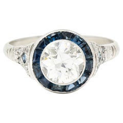 Art Deco 1.22 Carats Old European Cut Diamond Sapphire Halo Engagement Ring