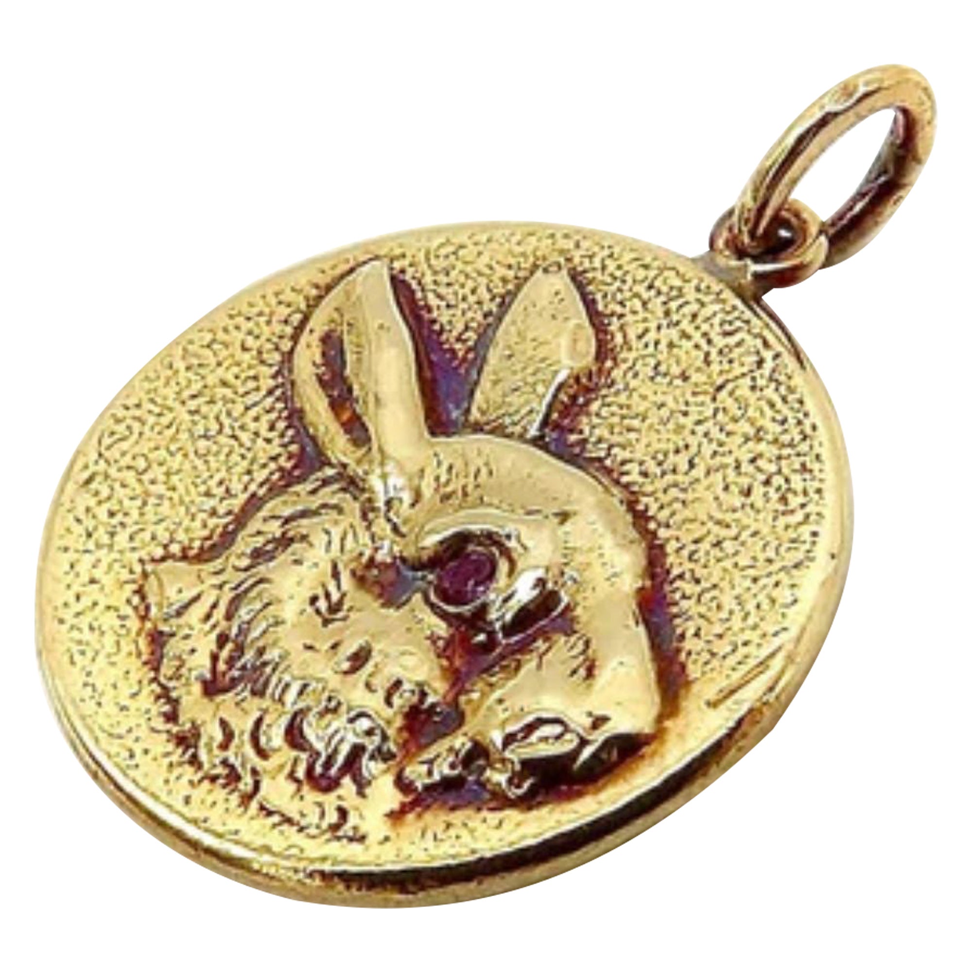 14k Gold & Ruby Victorian Inspired Signature Rabbit Pendant-Charm For Sale
