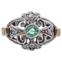 Emerald, Diamonds, 14 Karat Rose Gold and Silver Retrò Ring