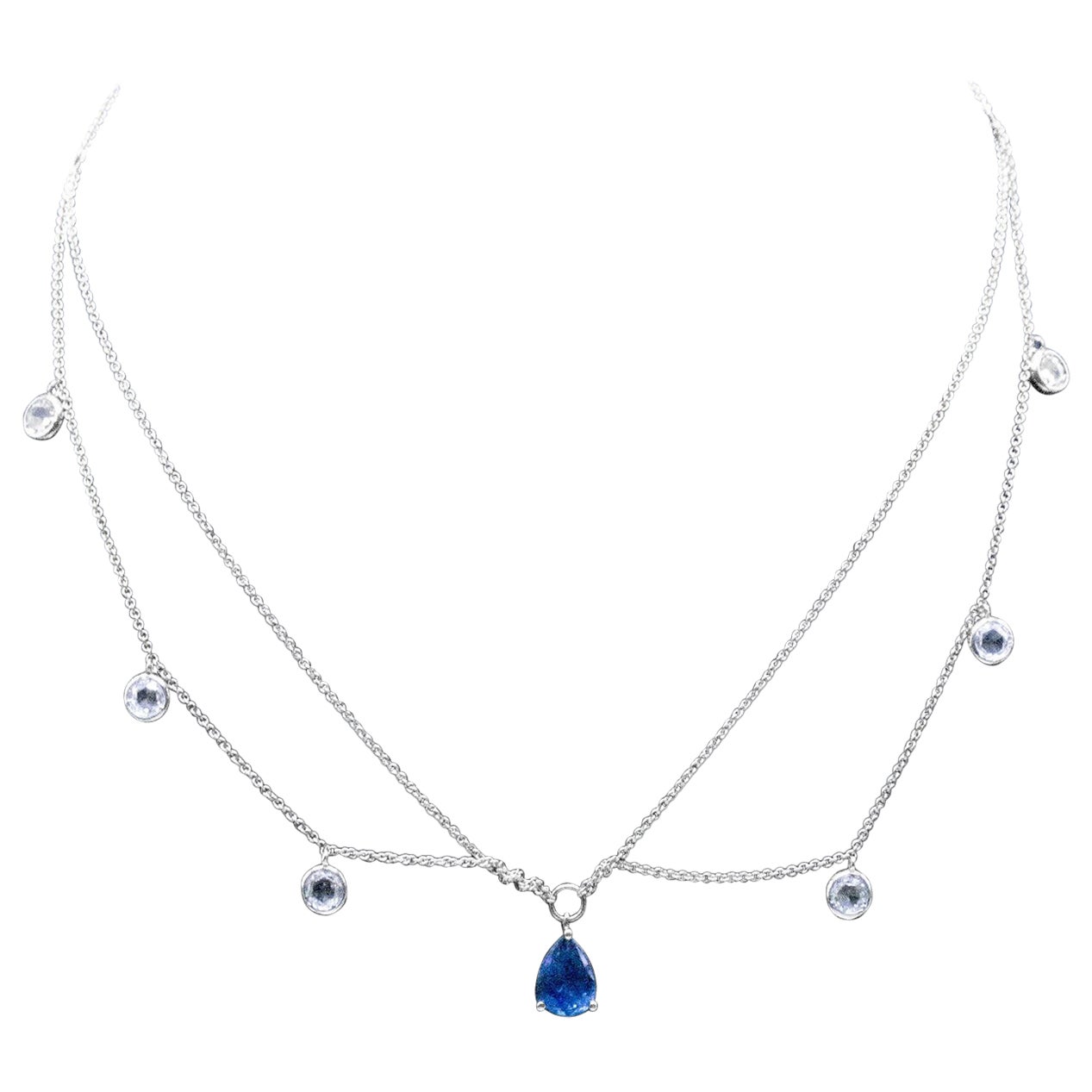 18K White Gold 7/8 Carat Diamond and Blue Sapphire Multi-Strand Pendant Necklace