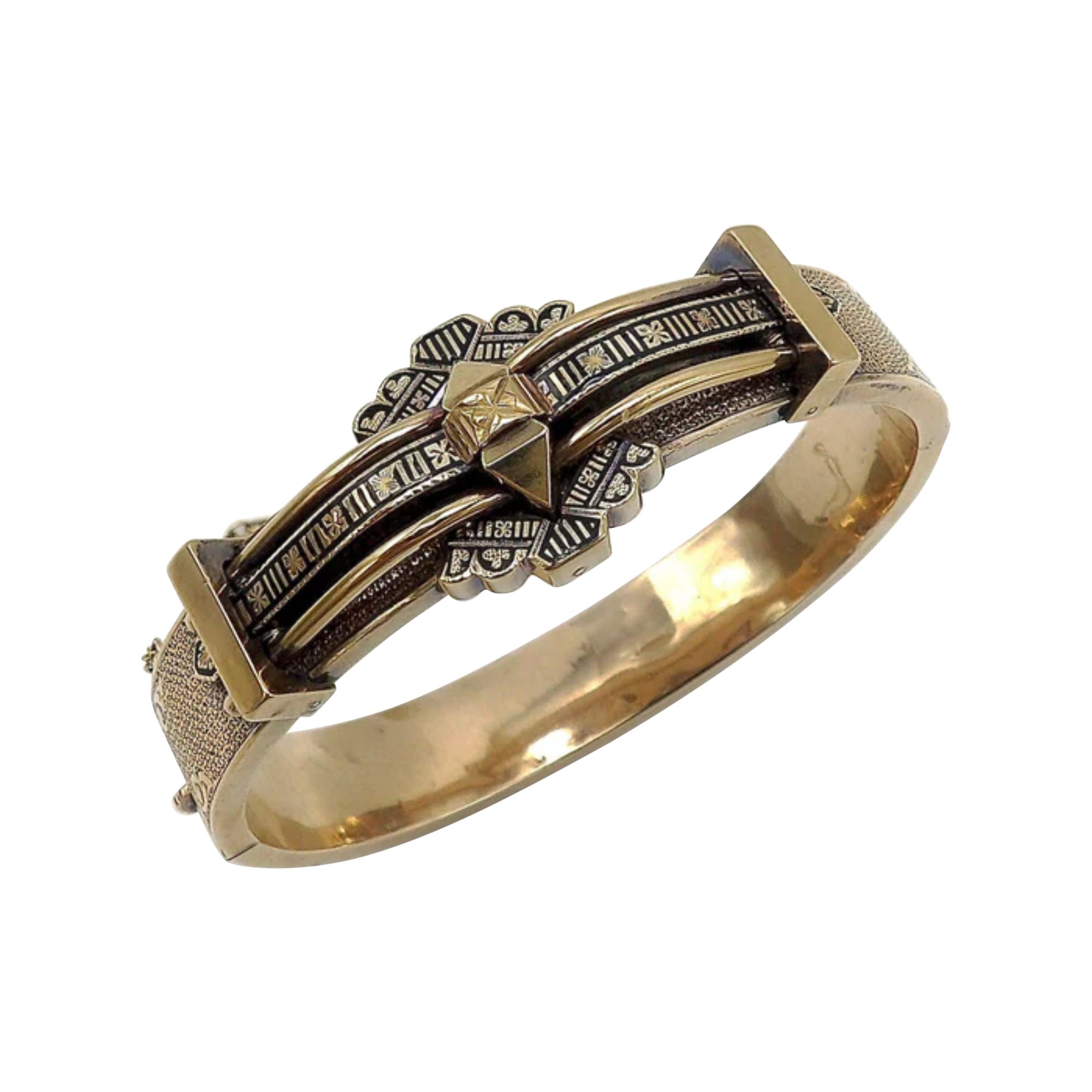 10K Rose Gold Victorian Architectural Revival Taille D’Epargne Bracelet For Sale
