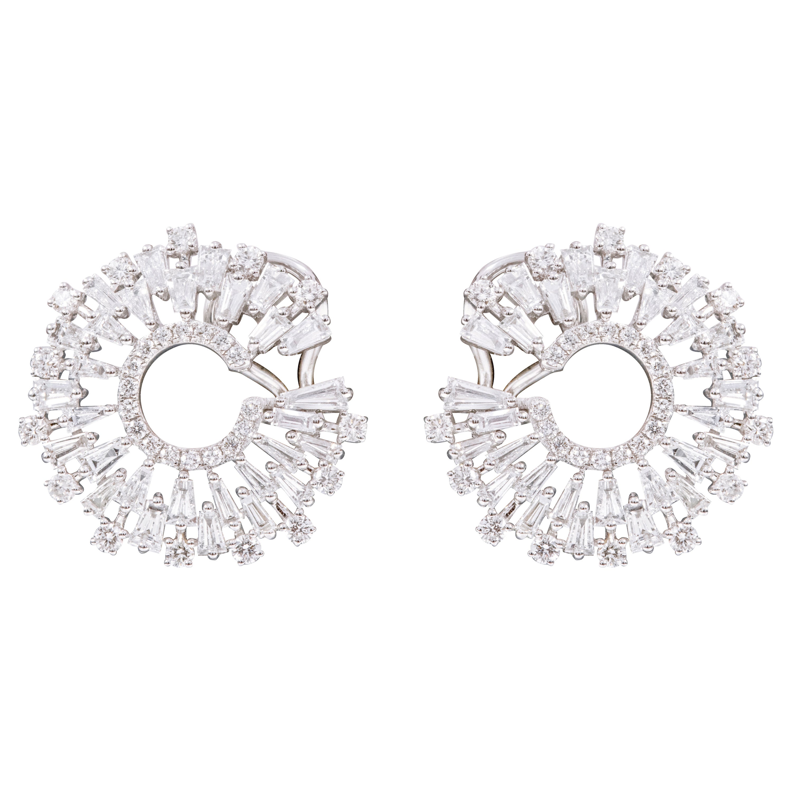 18 Karat White Gold 3.78 Carat Diamond Modified-Hoop Earrings For Sale