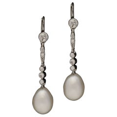 Edwardian Beautiful Pair Antique Natural Pearl and Diamond Drop Earrings C.1910