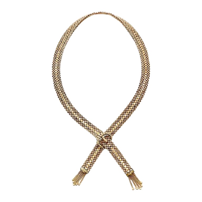 Victorian Revival 14K Woven Gold Necklace with Buckle Clasp and Tassels For Sale