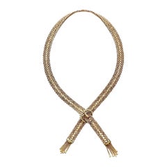 Victorian Revival 14K Woven Gold Necklace with Buckle Clasp and Tassels