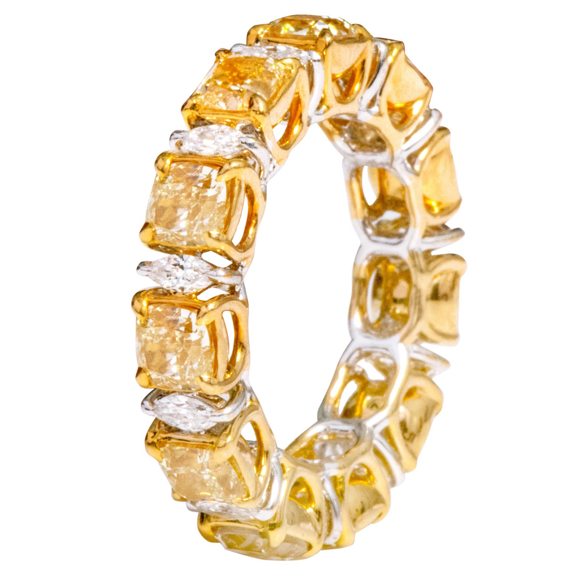 Anneau d'éternité en or 18 carats avec diamants jaunes et blancs solitaires de 5,99 carats