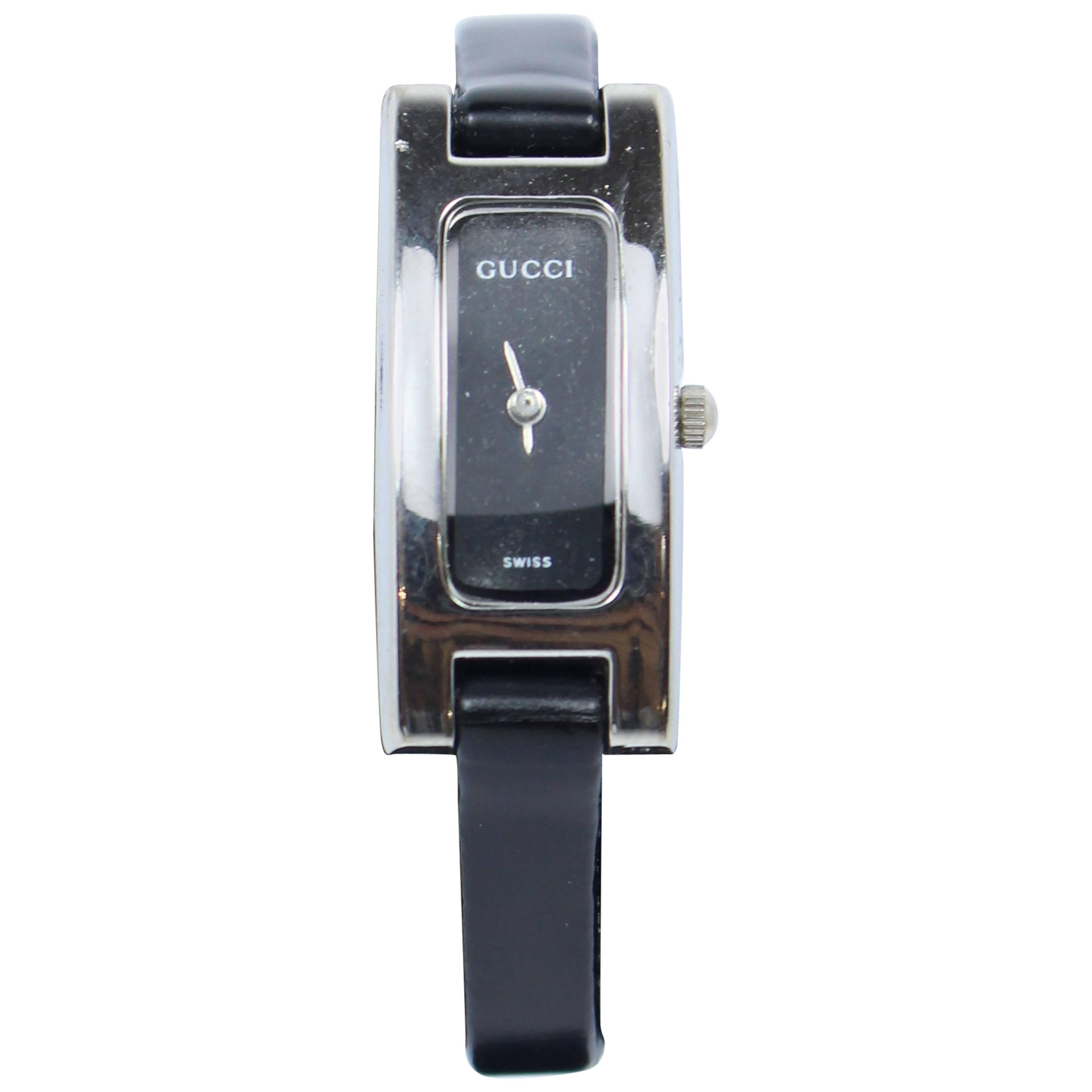 GUCCI Swiss Metal and Black Leather Strap Watch