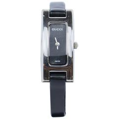 GUCCI Swiss Metal and Black Leather Strap Watch 6