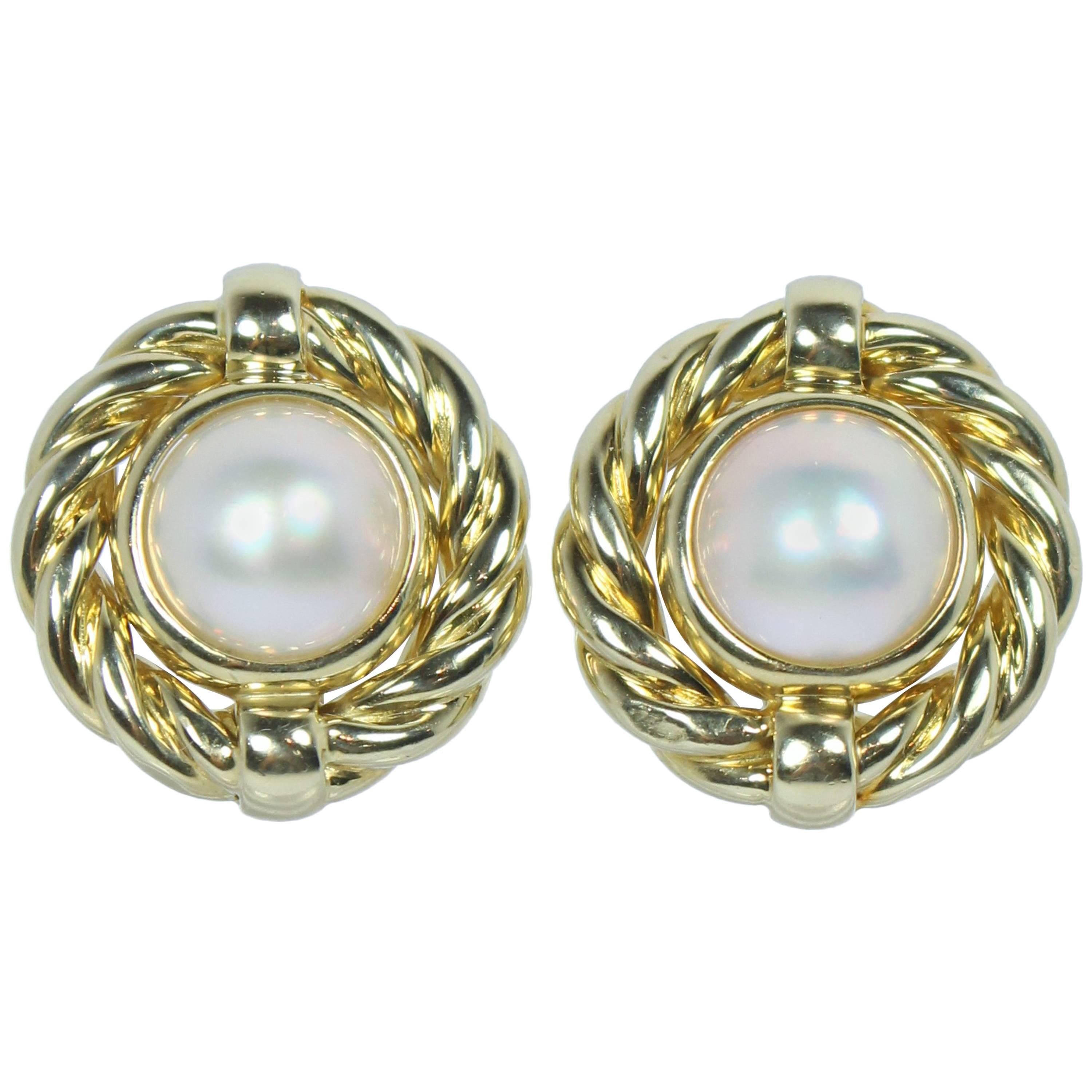 Mabe Pearl Gold Earrings  For Sale