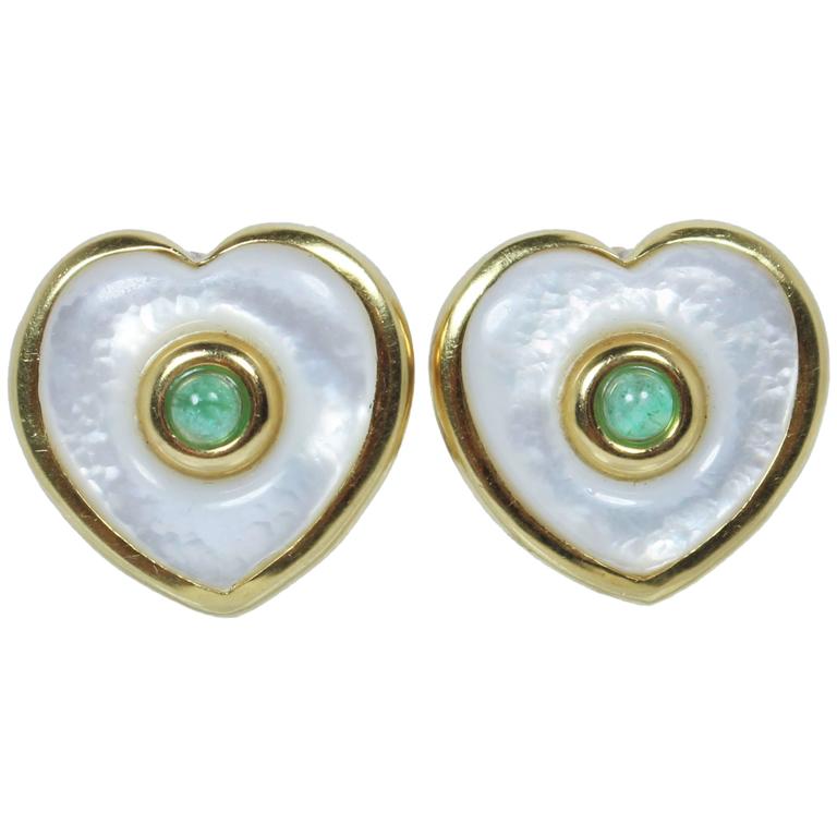 Pearl Cabochon Emerald Gold Earrings For Sale at 1stDibs