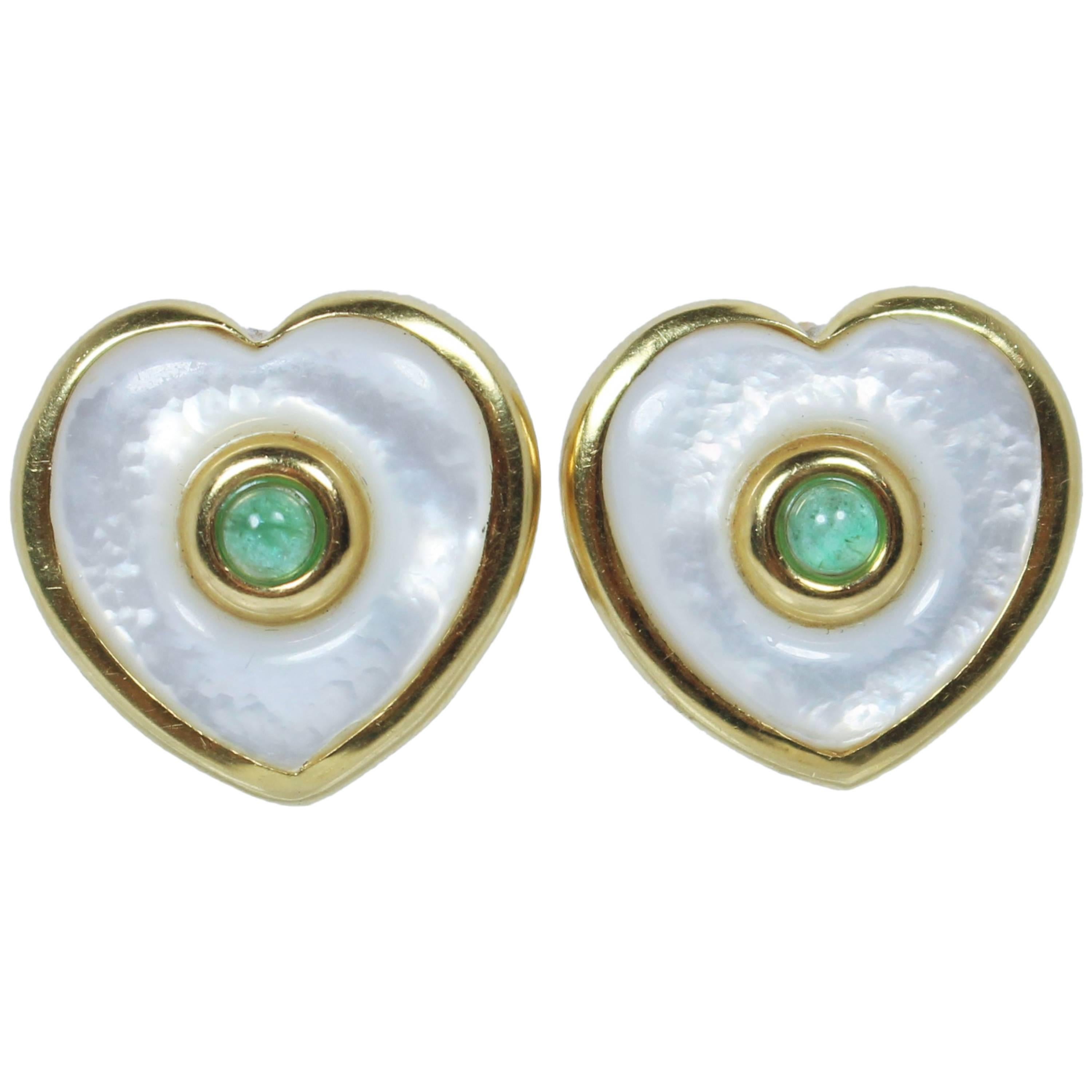 Pearl Cabochon Emerald Gold Earrings  For Sale