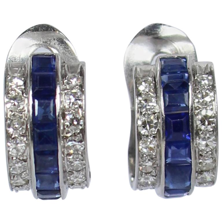 Emerald Cut Blue Sapphire Diamond Gold Earrings For Sale at 1stDibs