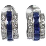Emerald Cut Blue Sapphire Diamond Gold Earrings 