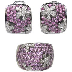 Cristina Ferrare Pave Pink Tourmaline and Diamond Gold Ring and Earring Set