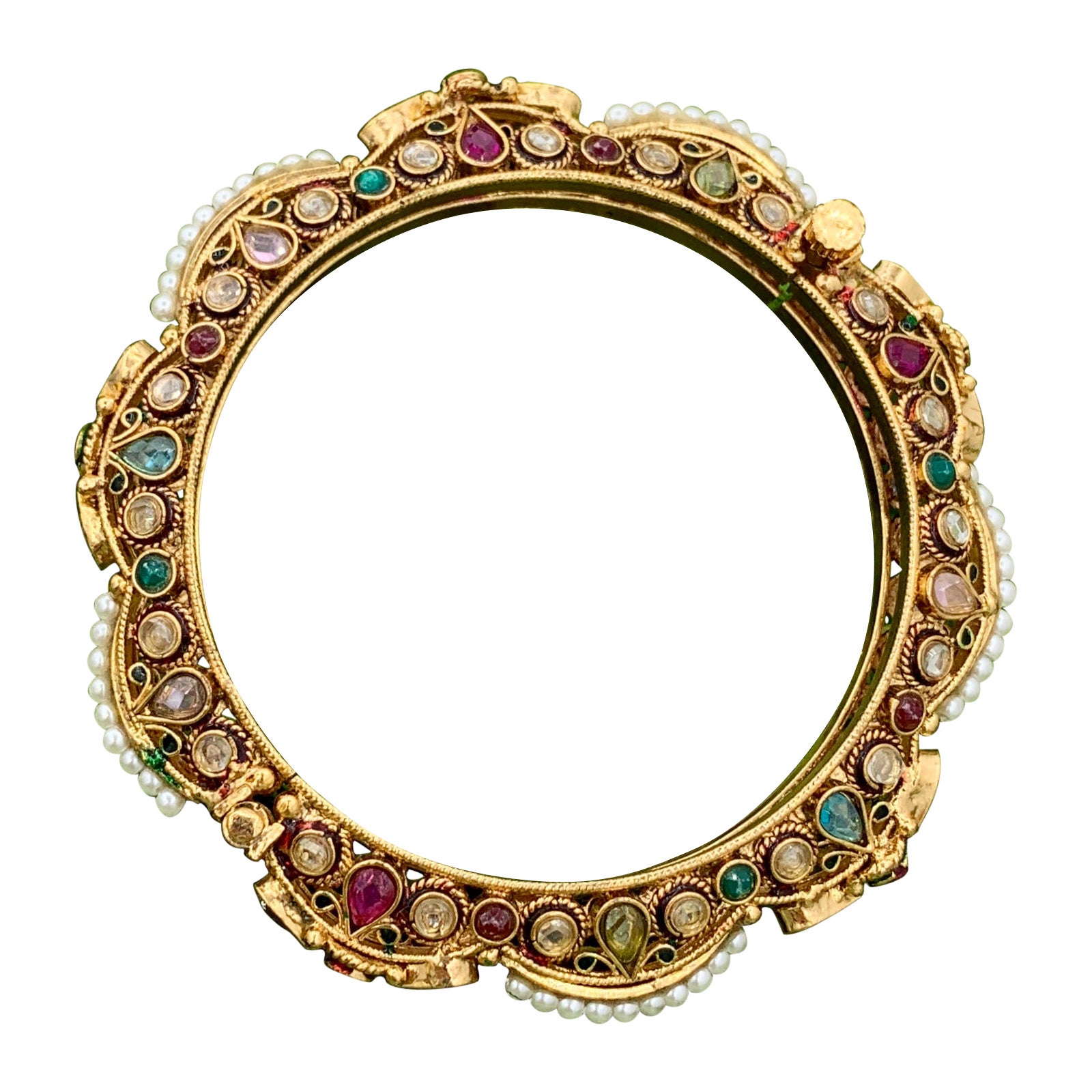 Antique Mughal Emerald Ruby Peridot Topaz Pearl Bracelet India Bridal Wedding
