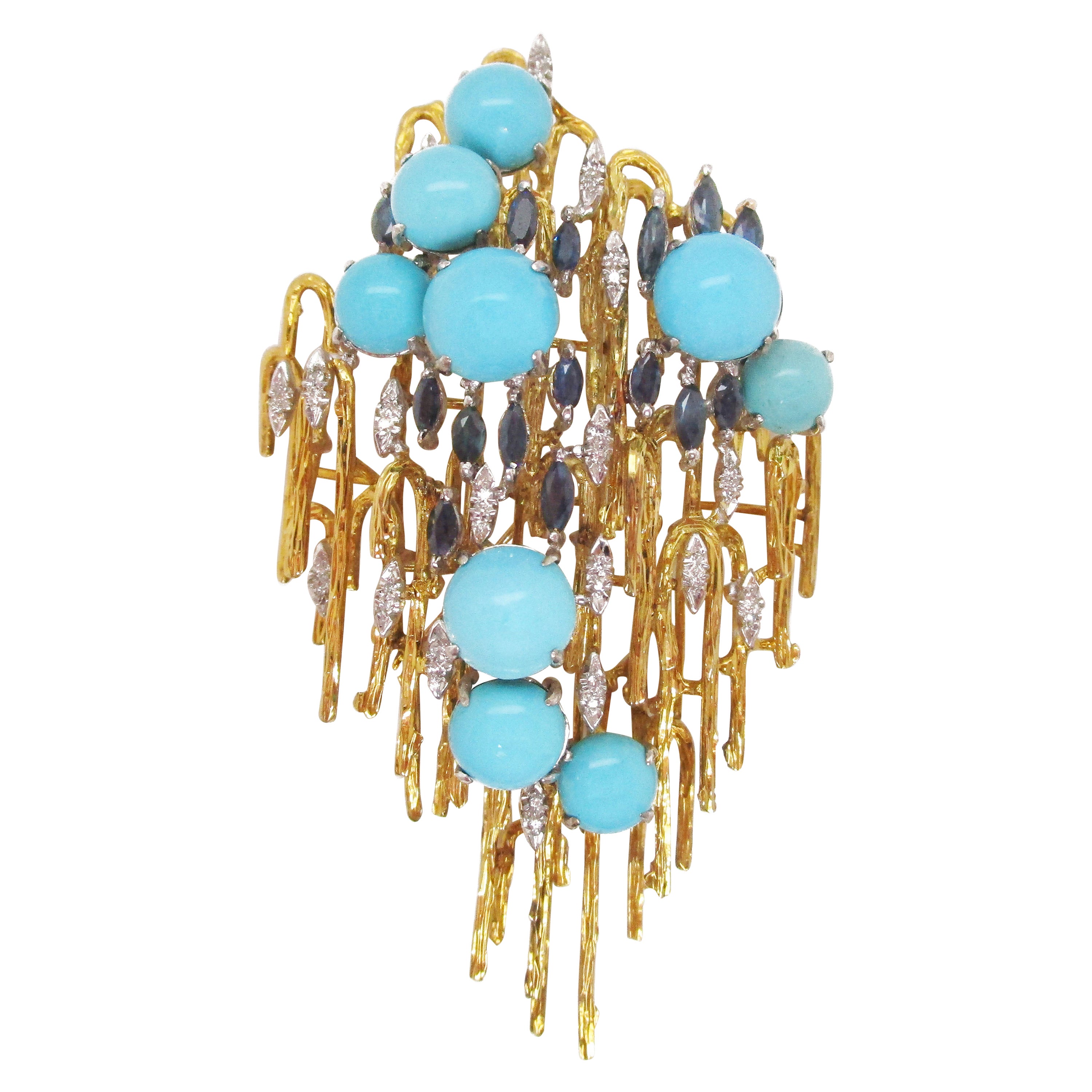 MidCentury Modern 18K Gold and Platinum Turquoise Diamond Sapphire Brooch For Sale at 1stDibs
