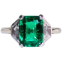 Fine Clear Great Color Colombian Emerald Diamond Platinum Ring 12