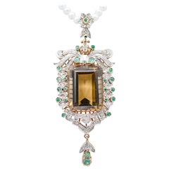 Hydrothermal Topaz, Emeralds, Diamonds, Pearls, Gold and Silver Pendant Necklace