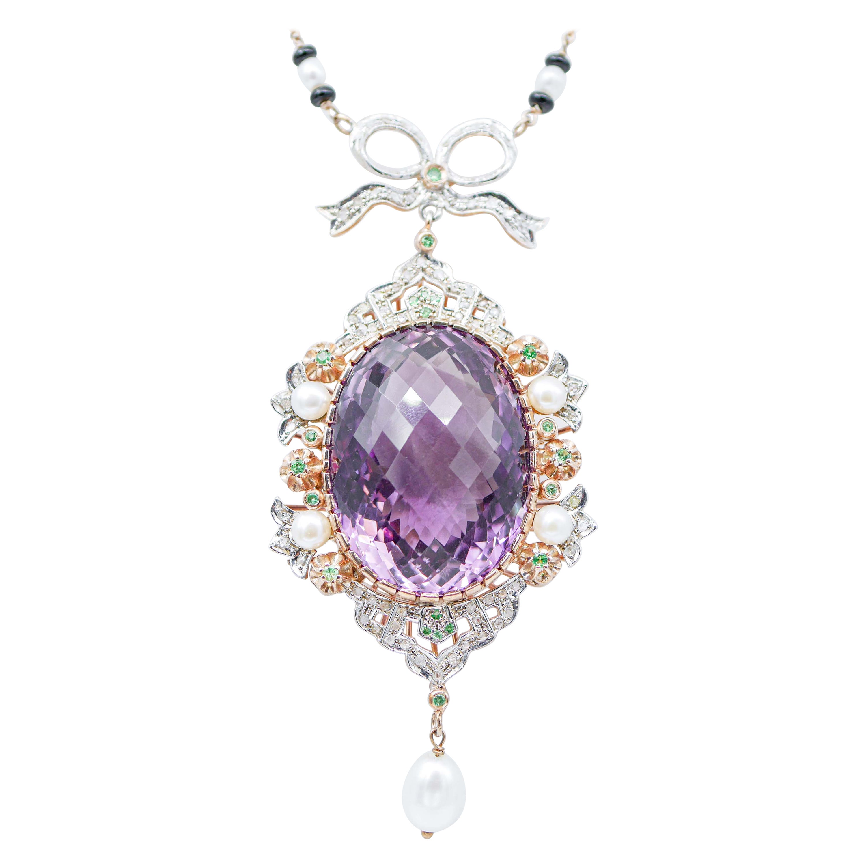 Amethyst, Tsavorite, Diamonds, Onyx, Pearls,  Gold and Silver Pendant Necklace For Sale