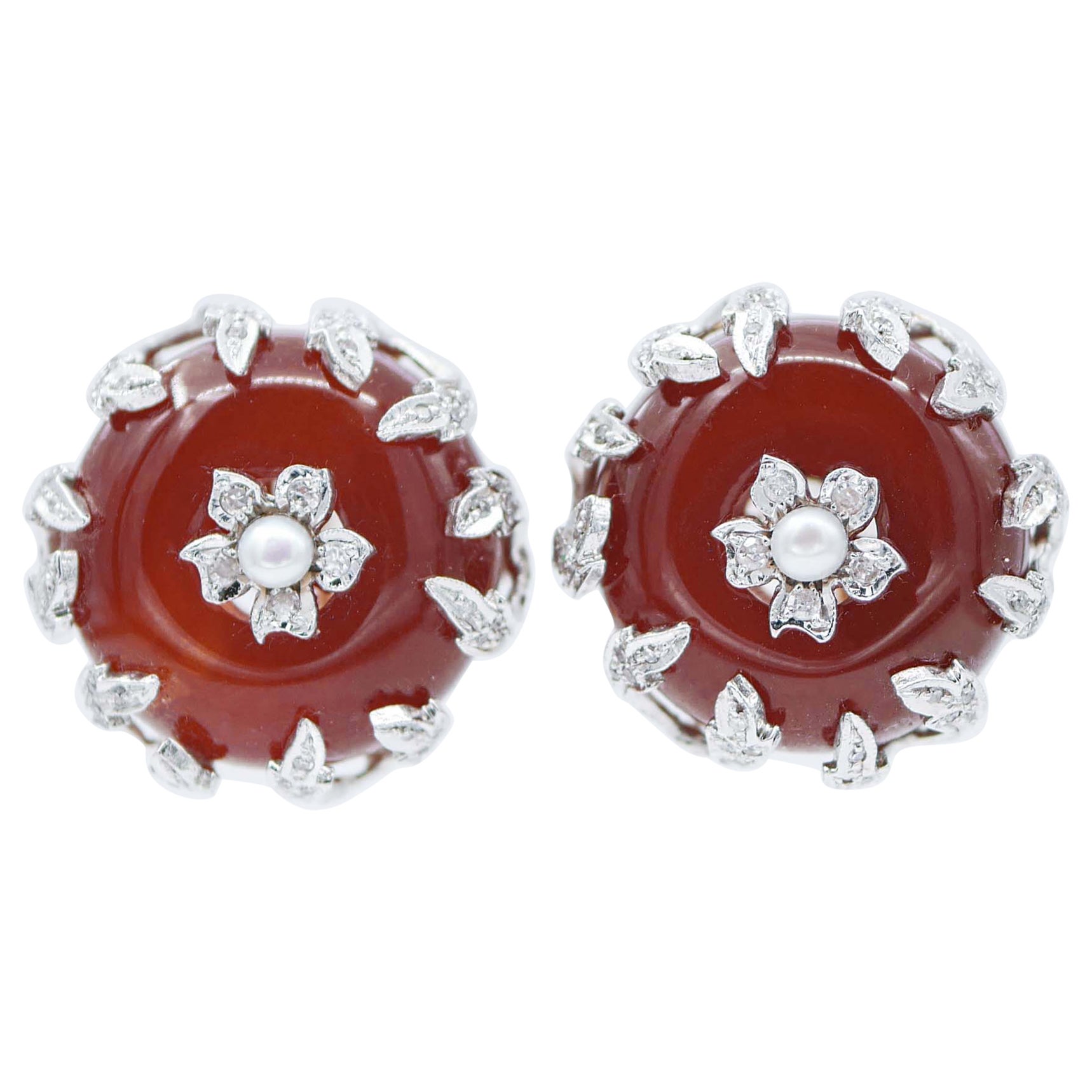 Carnelian, Diamonds, Pearls, 14 Karat White and Rose Gold Earrings For Sale
