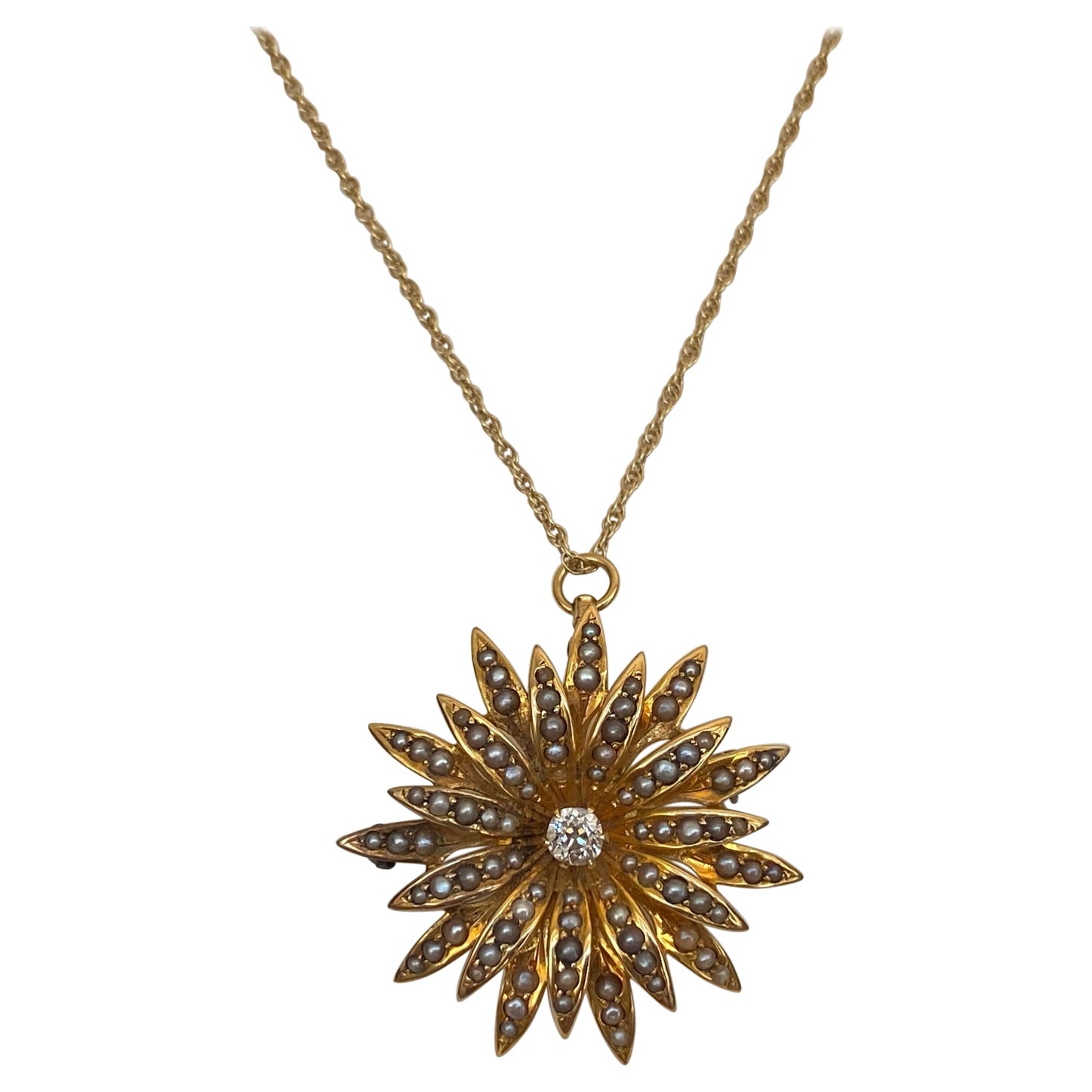 Victorian Natural Seed Pearl and Diamond Flower Pendant Necklace For Sale