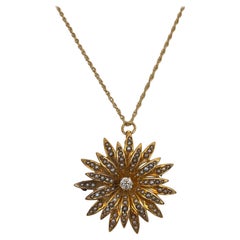 Antique Victorian Natural Seed Pearl and Diamond Flower Pendant Necklace
