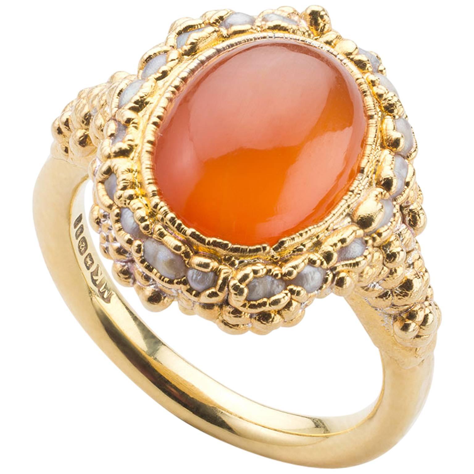 Milena Kovanovic Carnelian and Seed Pearl Rose Gold Vermeil Silver Ring For Sale