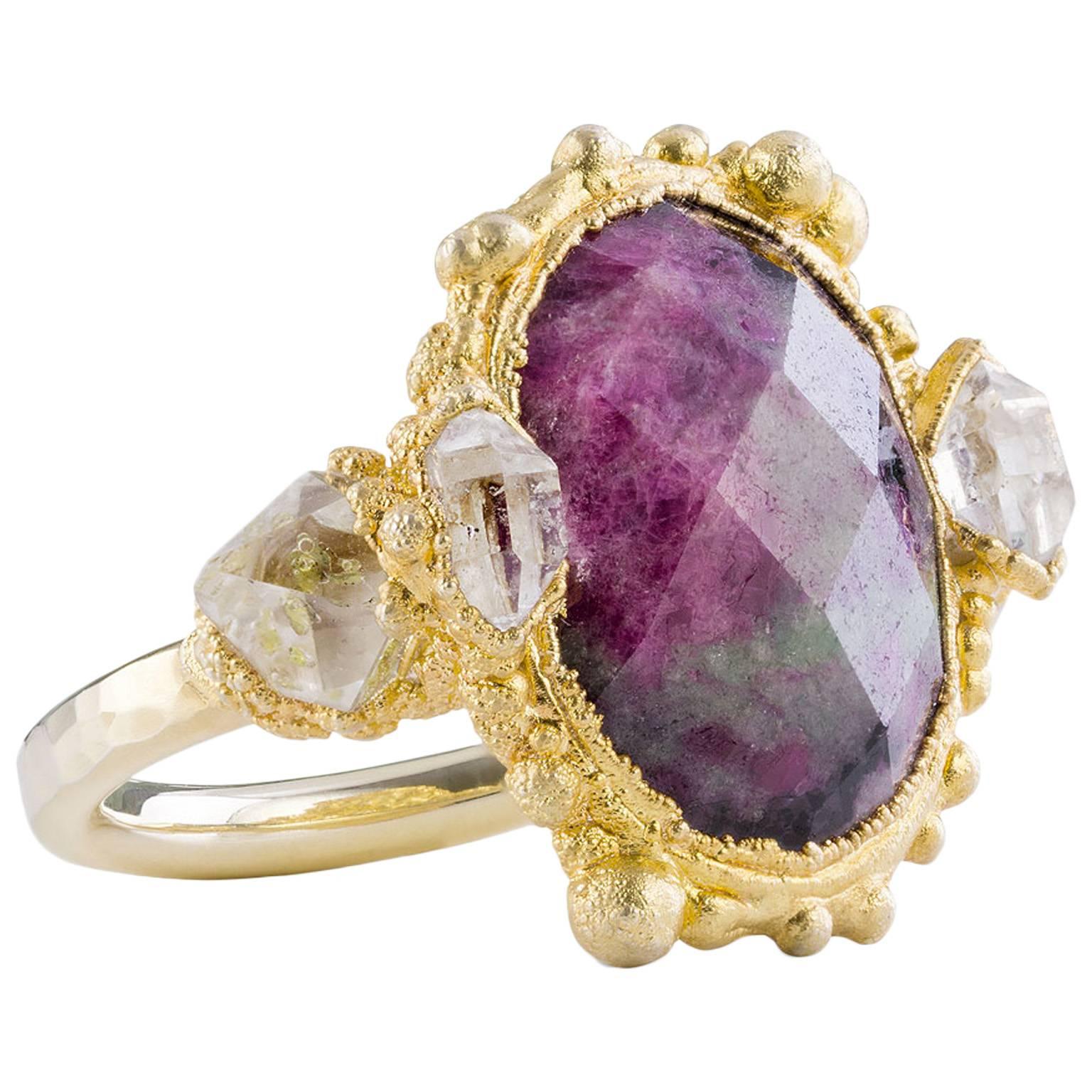 Milena Kovanovic Ruby Zoisite and Herkimer Crystal Gold Vermeil Silver Ring For Sale