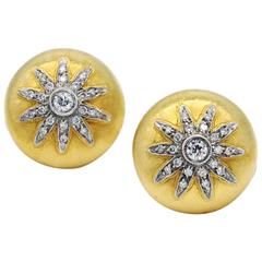 Florentine Style Diamond and Engraved Gold Star Earrings