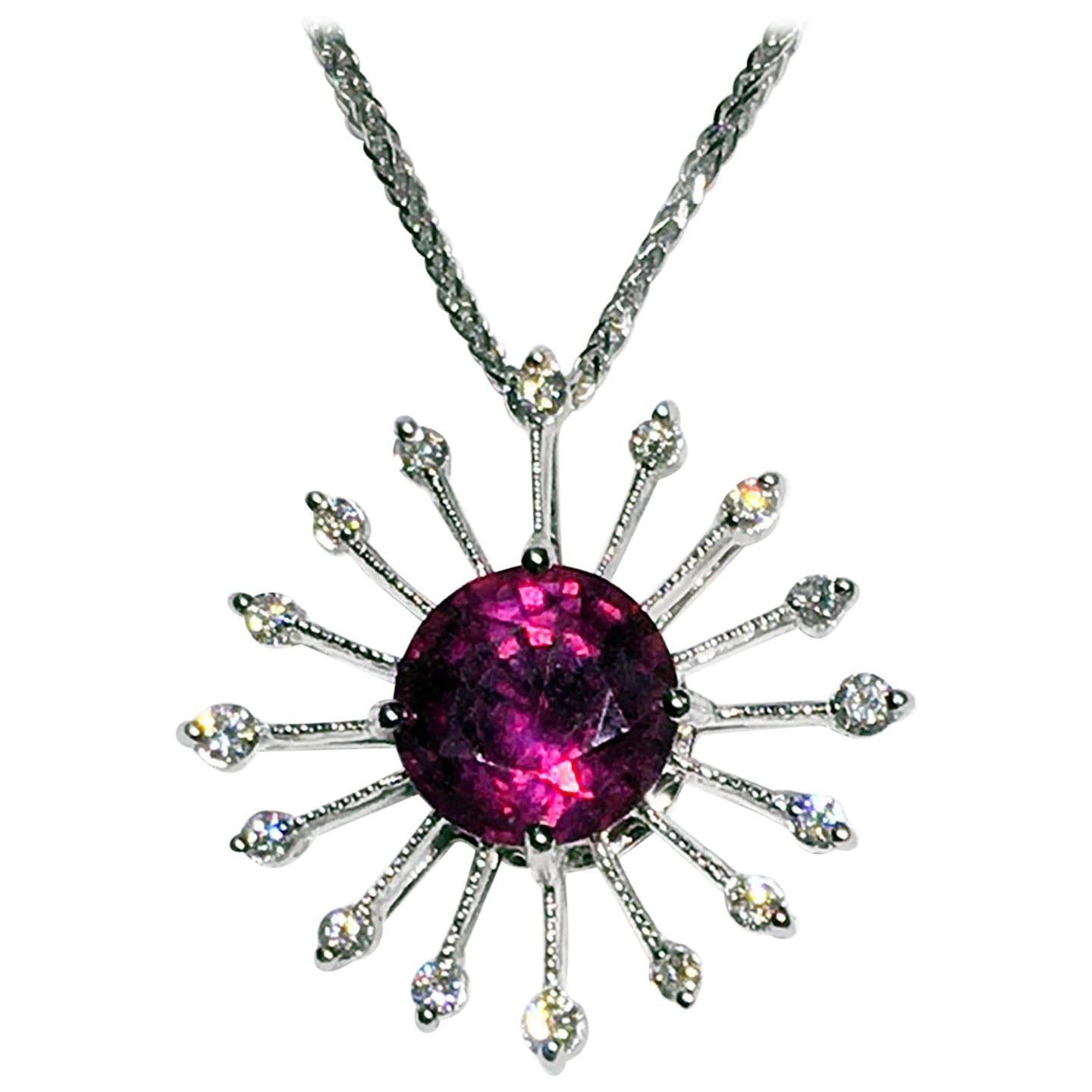 18kt White Gold Ruby Burst Pendant with Diamonds For Sale