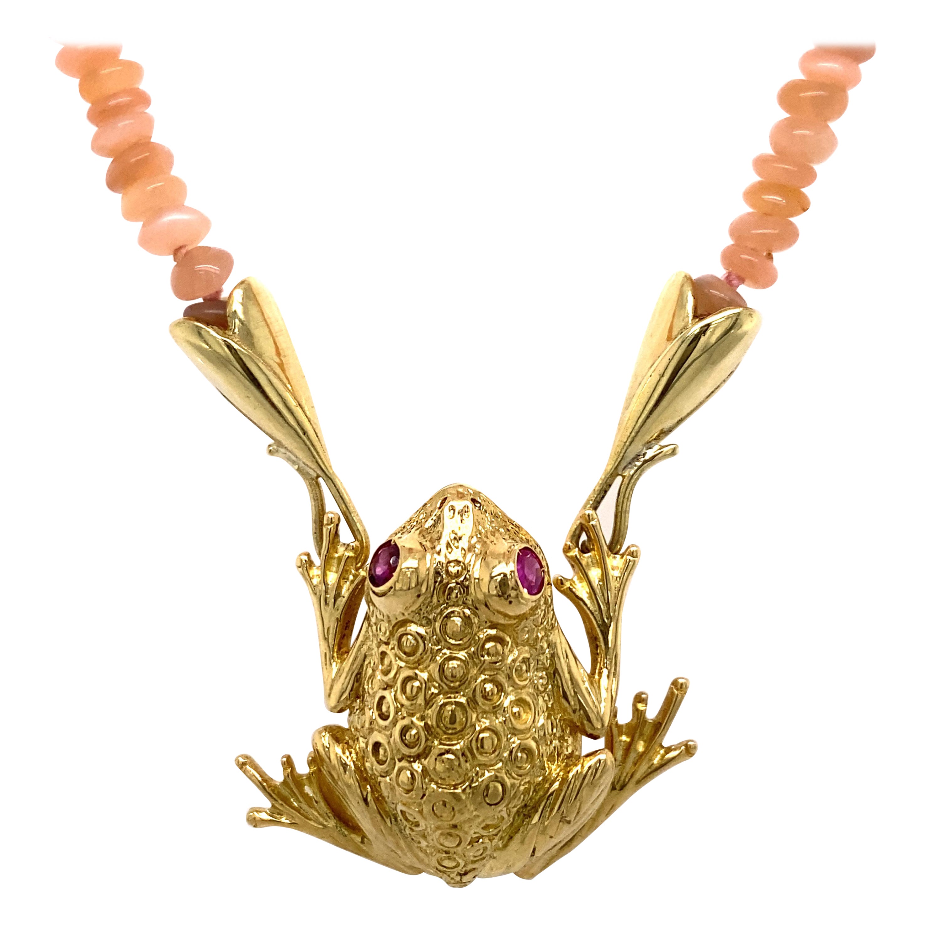 "Curly the Frog" Necklace in 18 Karat Gold with Ruby Eyes and Moonstone Chain For Sale