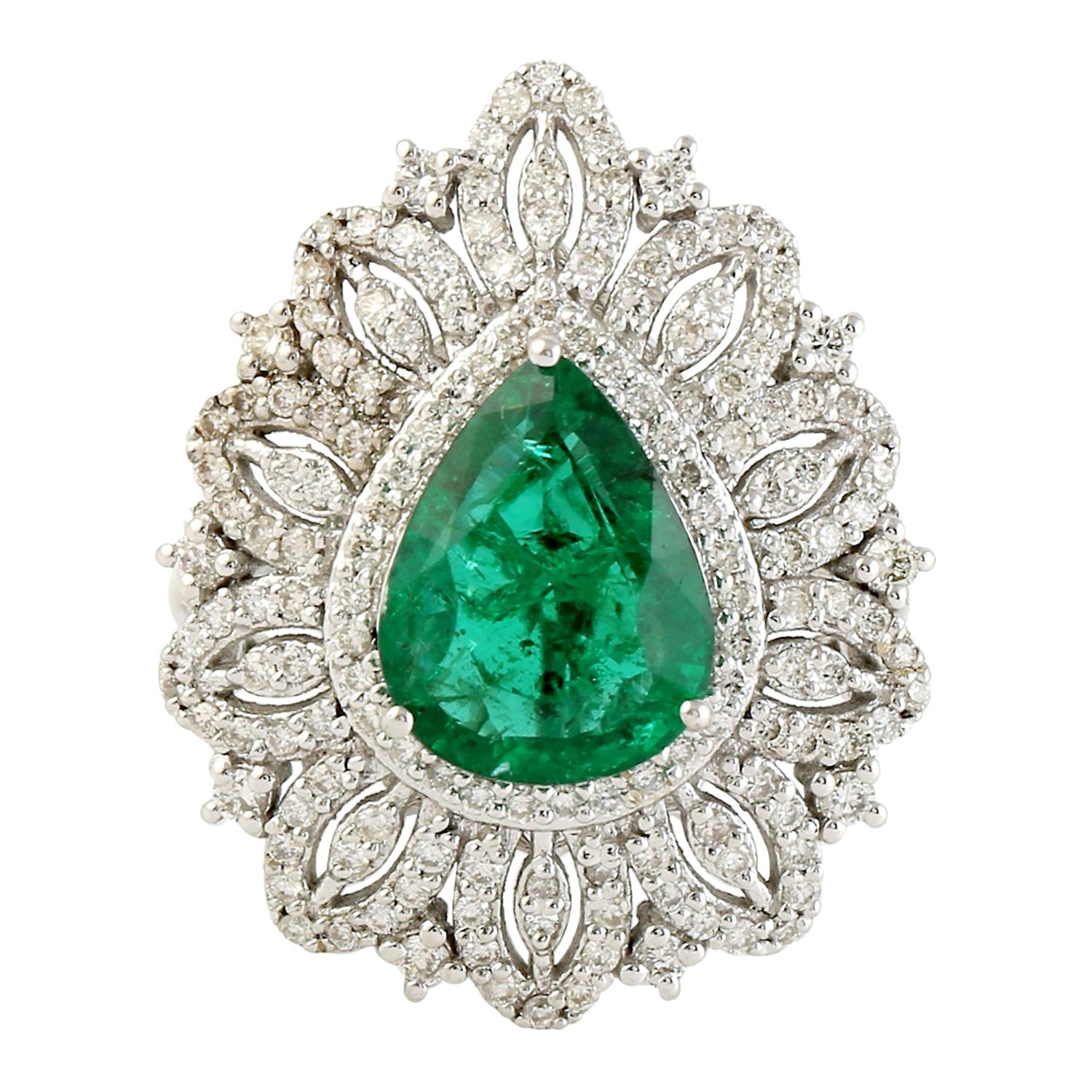 2.98 ct Pear Shaped Zambian Emerald Ring With Diamonds Made in 18k White Gold