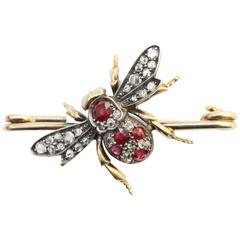 Victorian Opal Ruby Diamond Silver Gold Fly Brooch