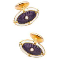 Edwardian 1905 Antique Cufflinks In 14Kt Gold With Guilloche Enamel And Pearls