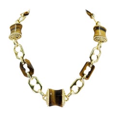 Long Heavy Yellow Gold and Tiger Eye Necklace