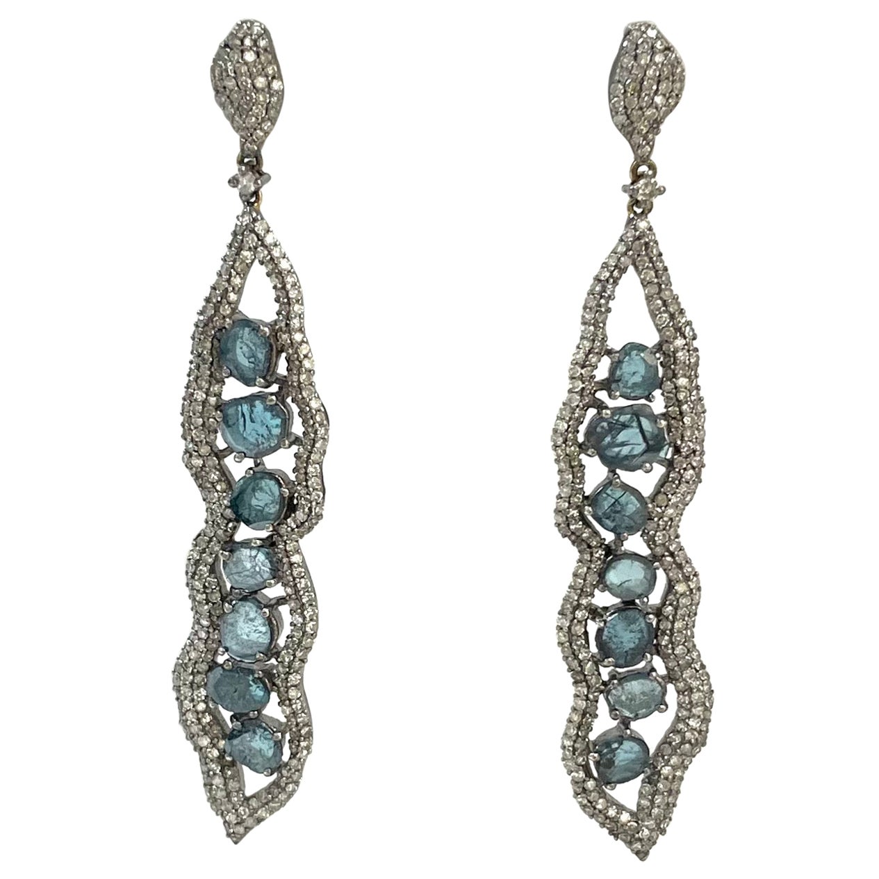 Blue Diamond Slices and Pave Diamonds Earrings For Sale