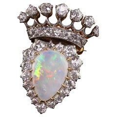 Antique Edwardian 18K Yellow Gold Platinum Old Euro Diamond and Opal Crown Pin