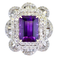 Amethyst, Gem Quality and White Diamond 18K Impressive Large Contemporary Ring