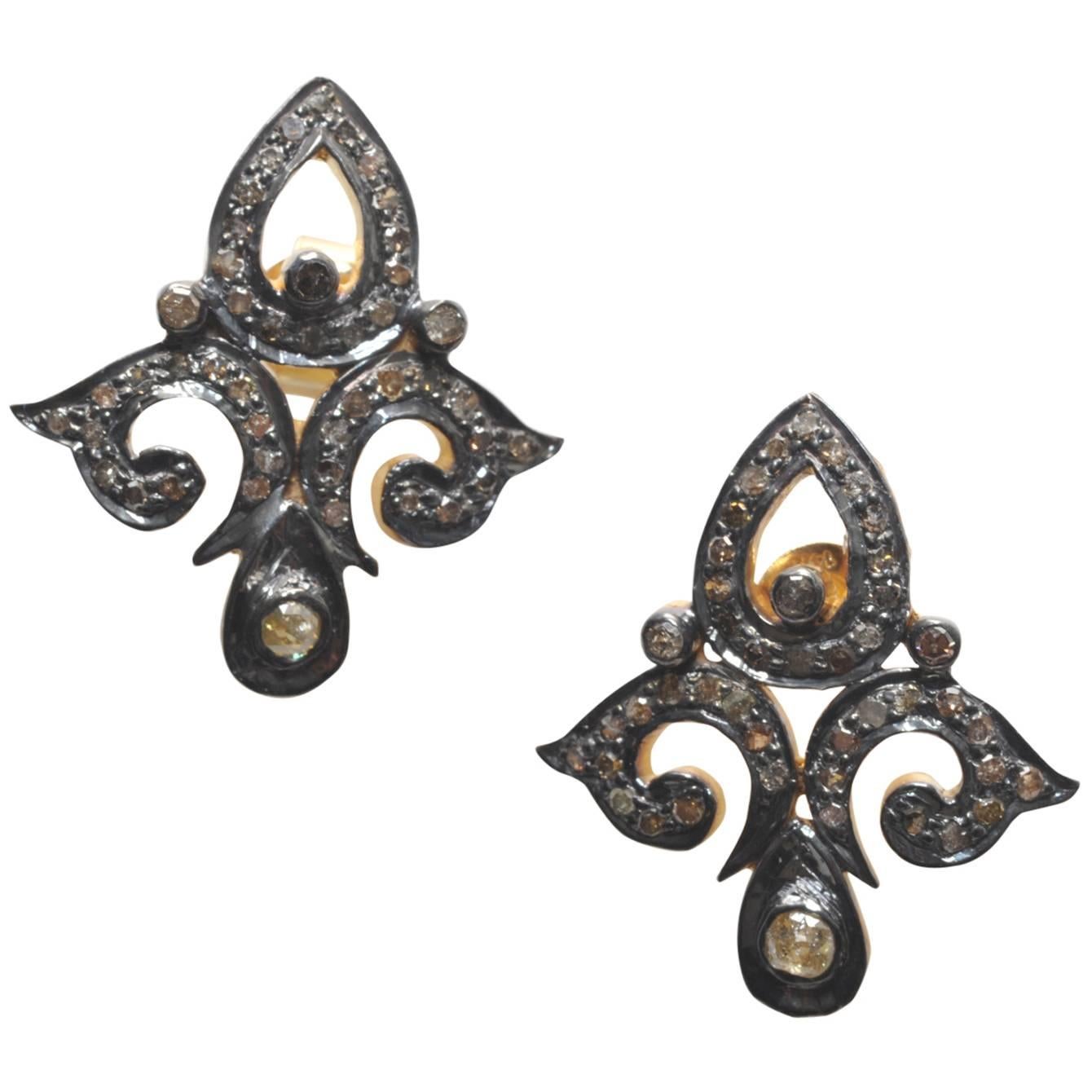 Diamond Oxidized Sterling Silver Fleur-de-Lis Earrings