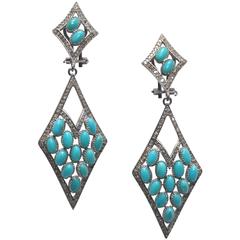 Cabochon Turquoise with Pave` Diamond Bordered Oxidized Sterling Earrings 