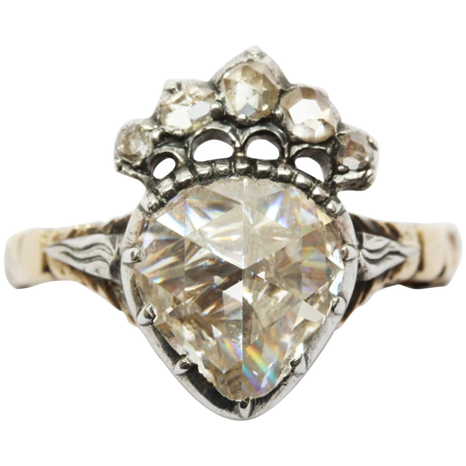Antiker holländischer Diamant im Rosenschliff  Gekrönter Herzring