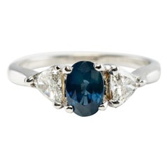 Vintage Trillion Diamond Sapphire Ring 14K White Gold Band