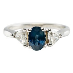 Trillion Diamond Sapphire Ring 14K White Gold Band