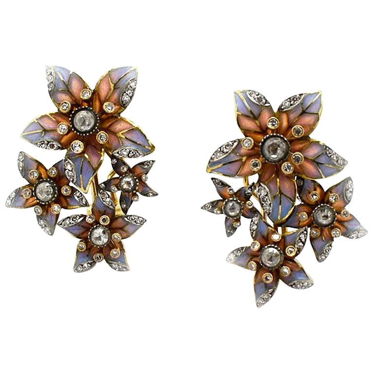 Moira Plique à Jour Enamel and Diamond Flower Earrings For Sale