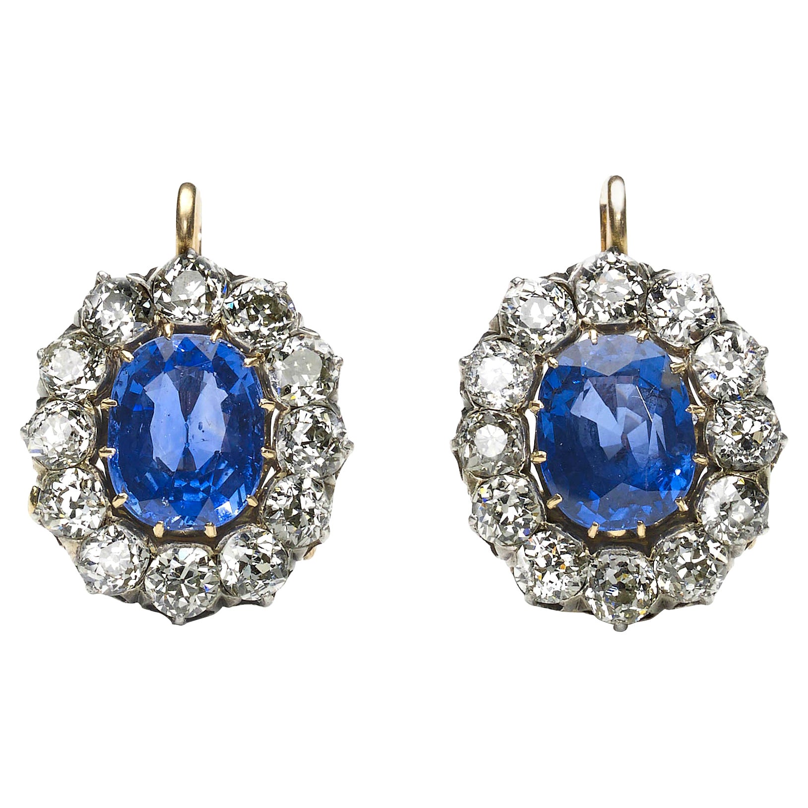 Sapphire And Diamond Cluster Earrings, Platinum And Gold, Circa 1890 For Sale