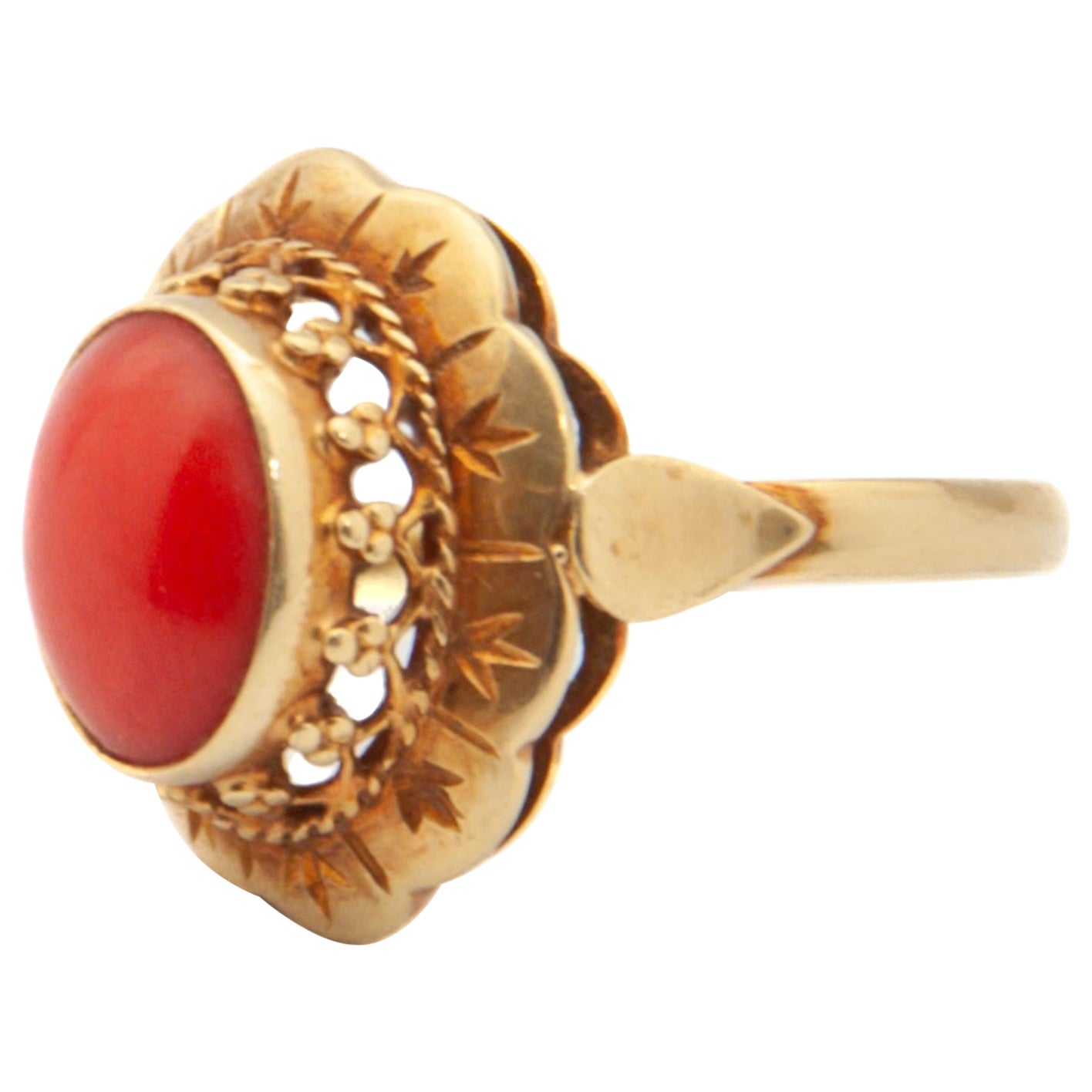 Vintage Small Natural Red Coral and 14K Gold Ring For Sale